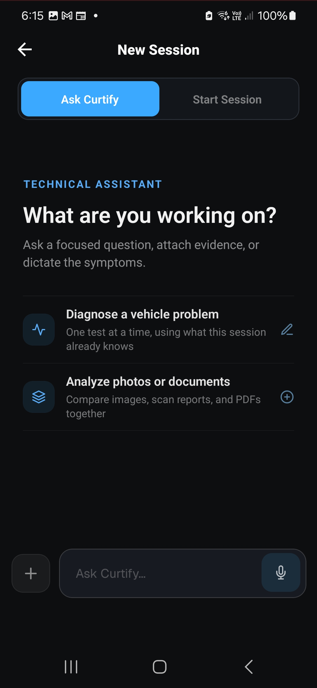 Ask Curtify technical assistant screen for focused questions and evidence analysis