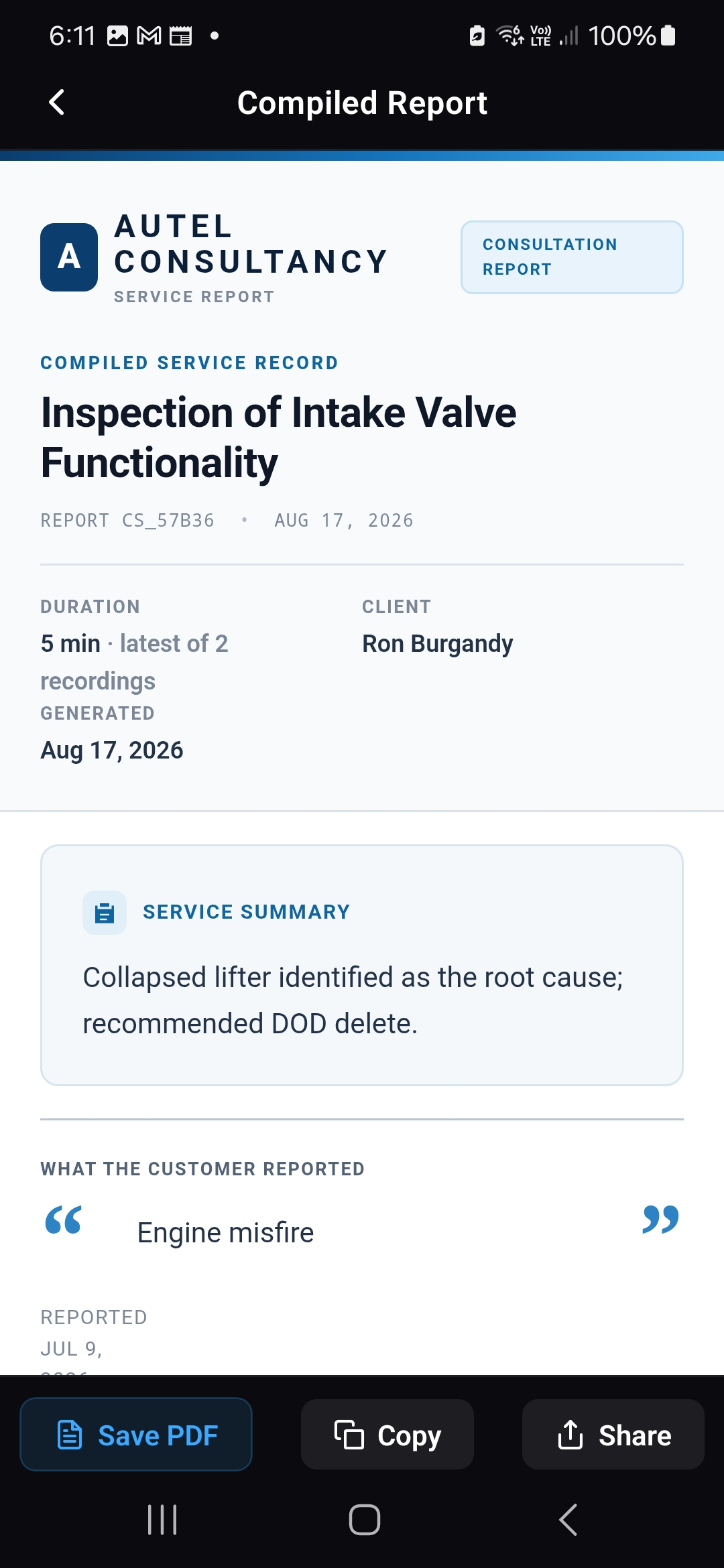 Curtify compiled service report summary ready to save, copy, or share