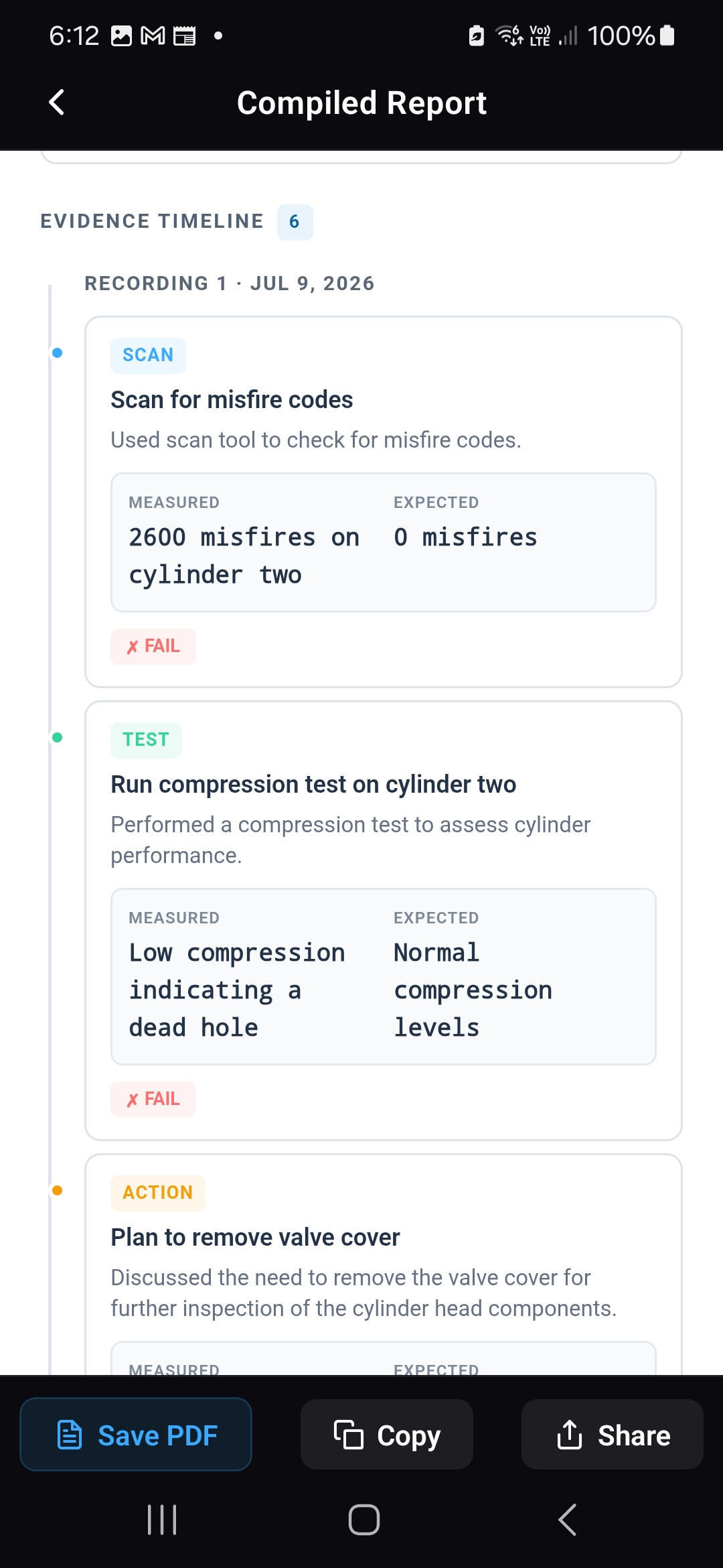 Curtify evidence timeline with measured and expected diagnostic results