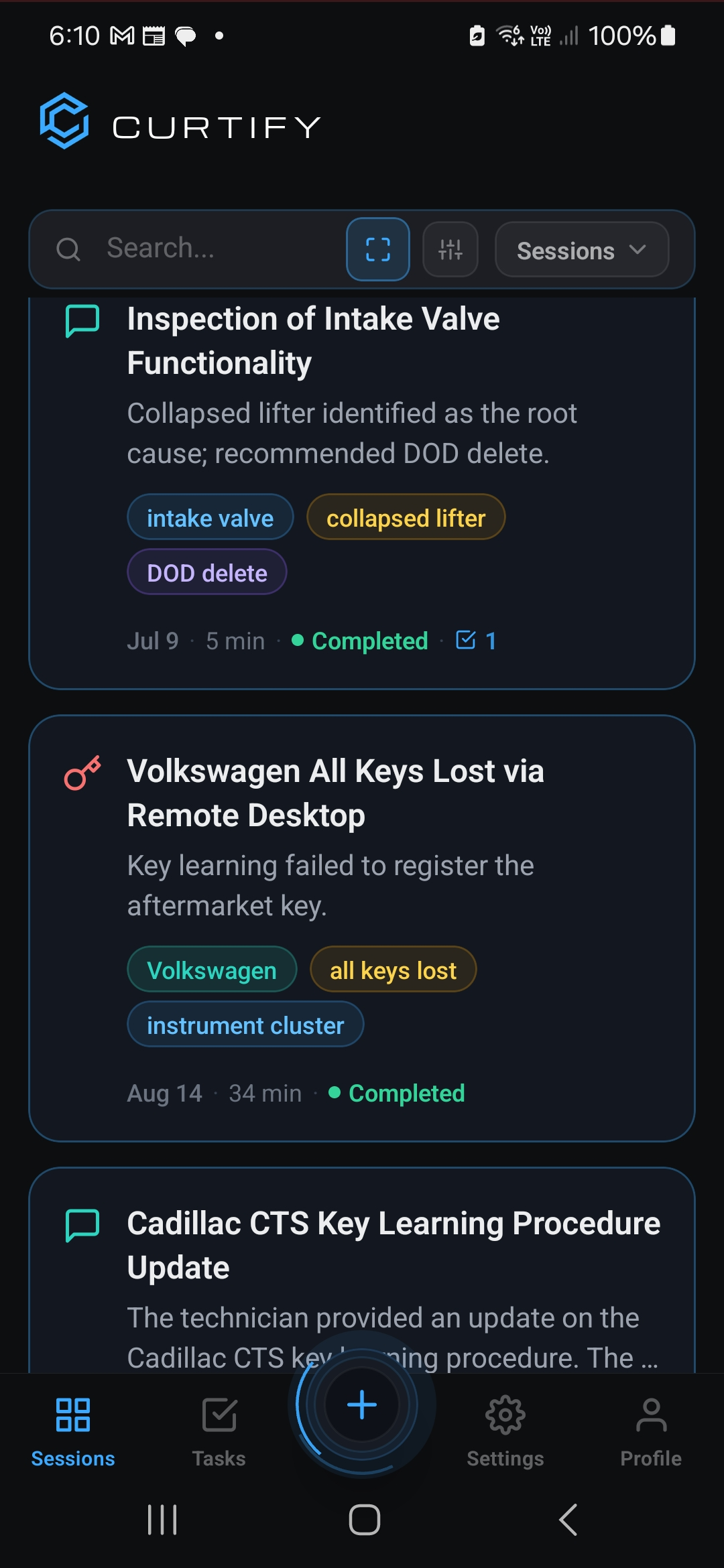 Curtify session list with completed diagnostic and key-coding work
