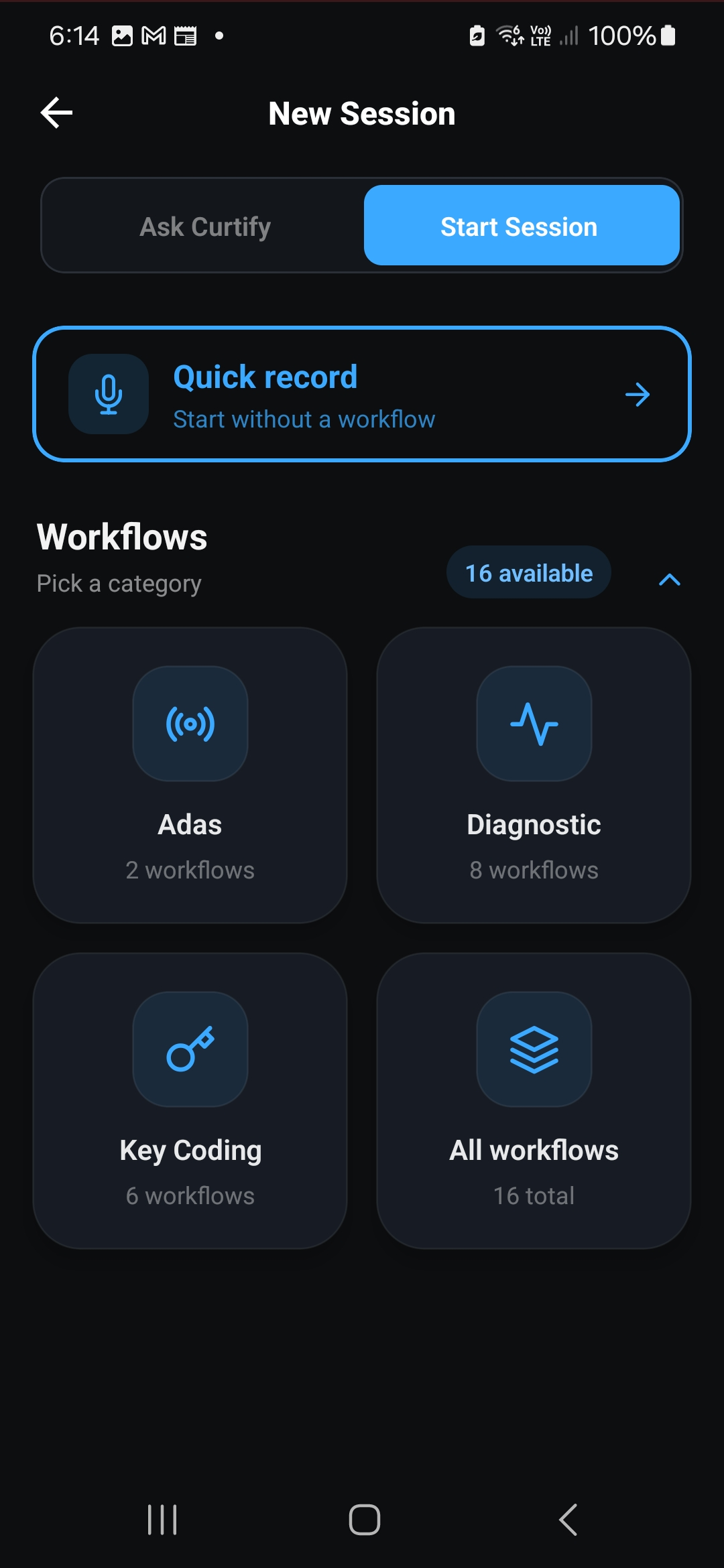 Curtify New Session screen with diagnostic, ADAS, and key-coding workflows